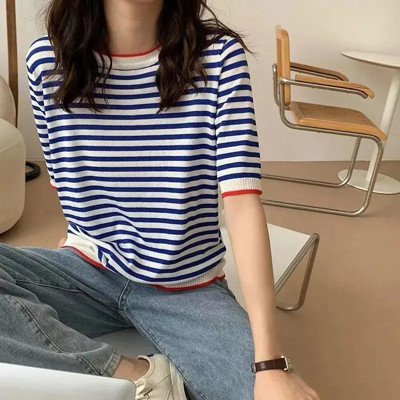 Ice Silk Striped T-Shirt for Women - Summer Fashion 2023