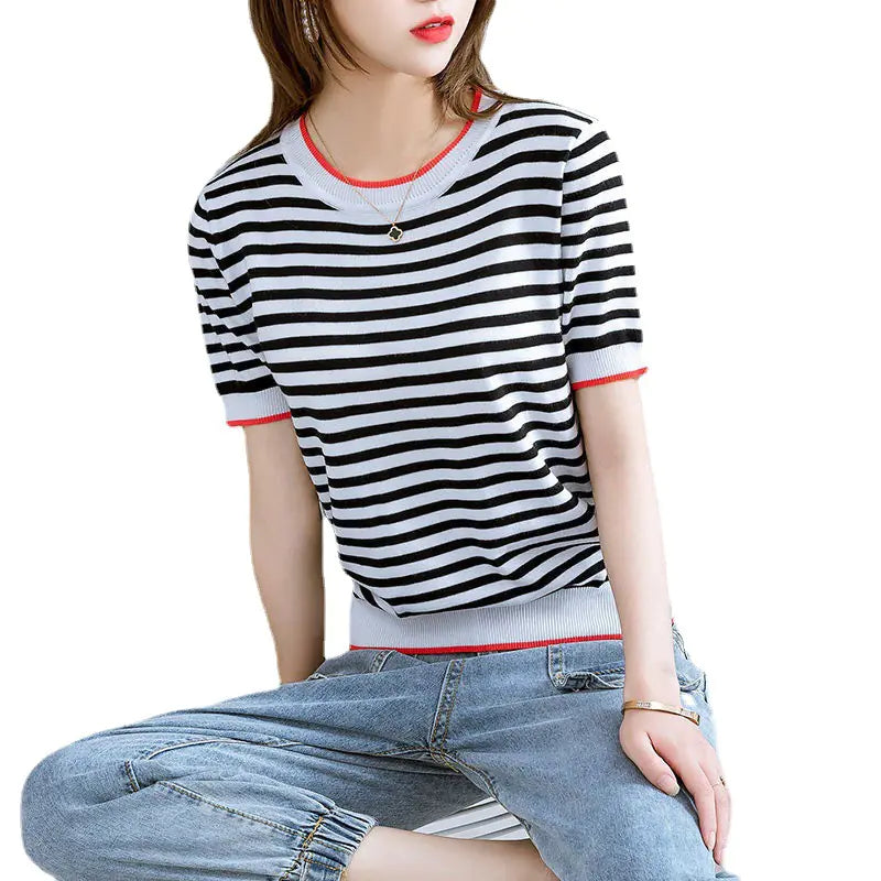 Ice Silk Striped T-Shirt for Women - Summer Fashion 2023