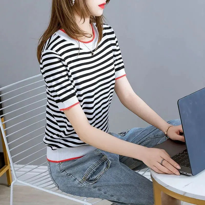 Ice Silk Striped T-Shirt for Women - Summer Fashion 2023