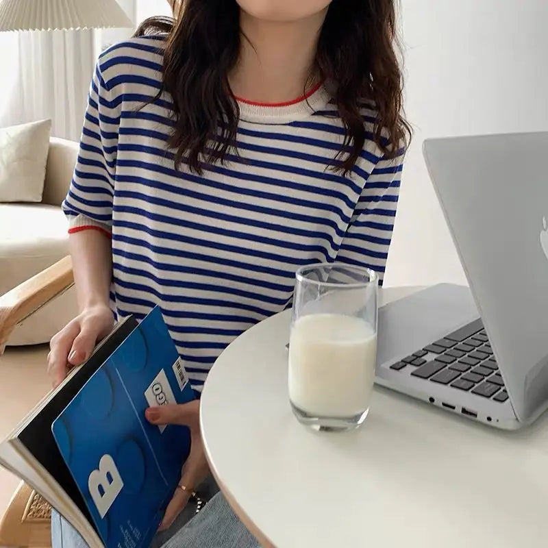 Ice Silk Striped T-Shirt for Women - Summer Fashion 2023