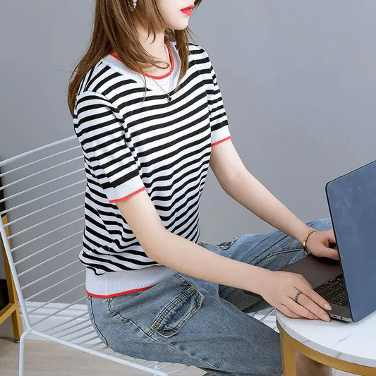 Ice Silk Striped T-Shirt for Women - Summer Fashion 2023