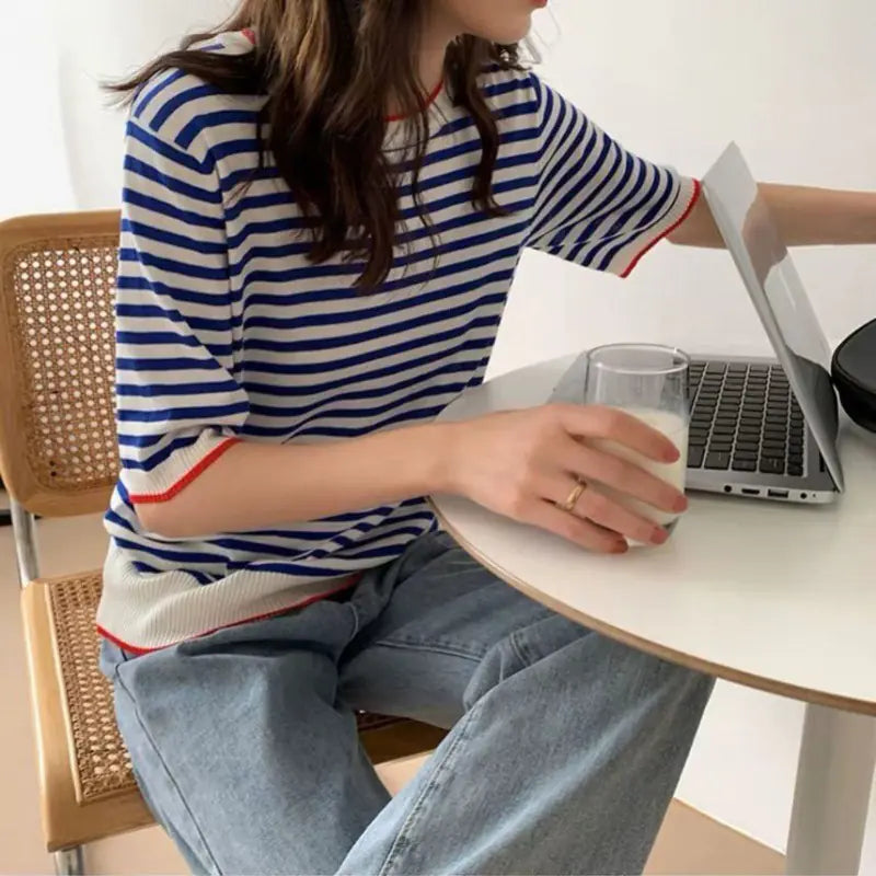 Ice Silk Striped T-Shirt for Women - Summer Fashion 2023